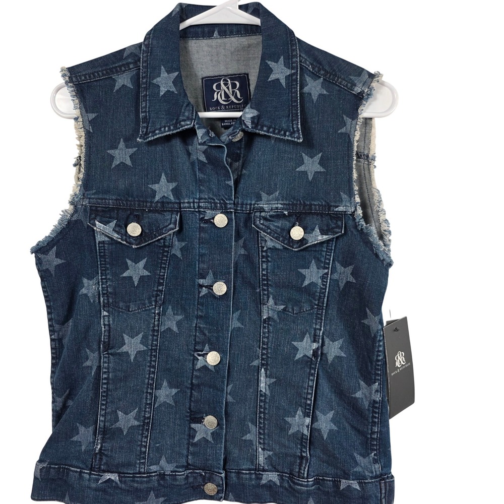 Rock & Republic Denim Vest Women M Blue Star Print Frayed Gunshow Starlight‎ 4TH